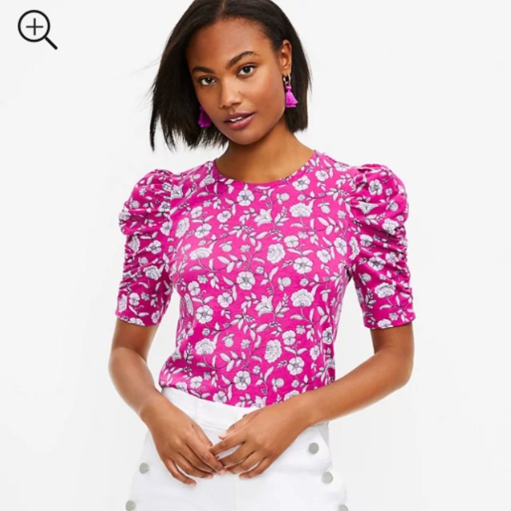 LOFT Floral Cinched Puff Sleeve Tee, Size Large, NWT